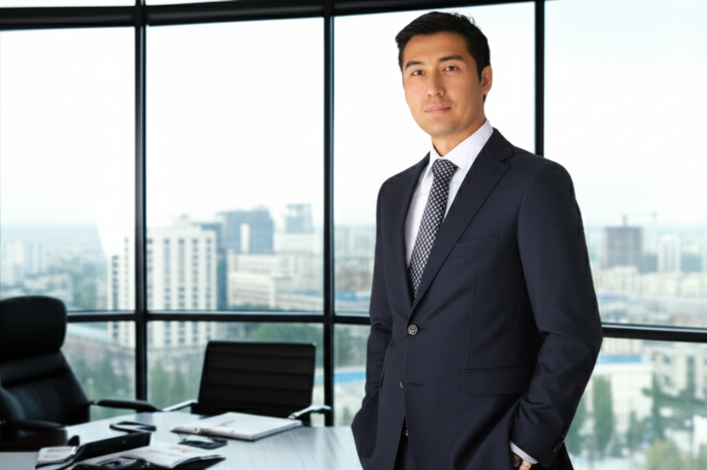 Профессиональный юрист в современном офисе с видом на Алматы